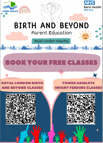 Birth and beyond parent education. Book your free classes. Scan the QR codes on this poster to find out how to book.